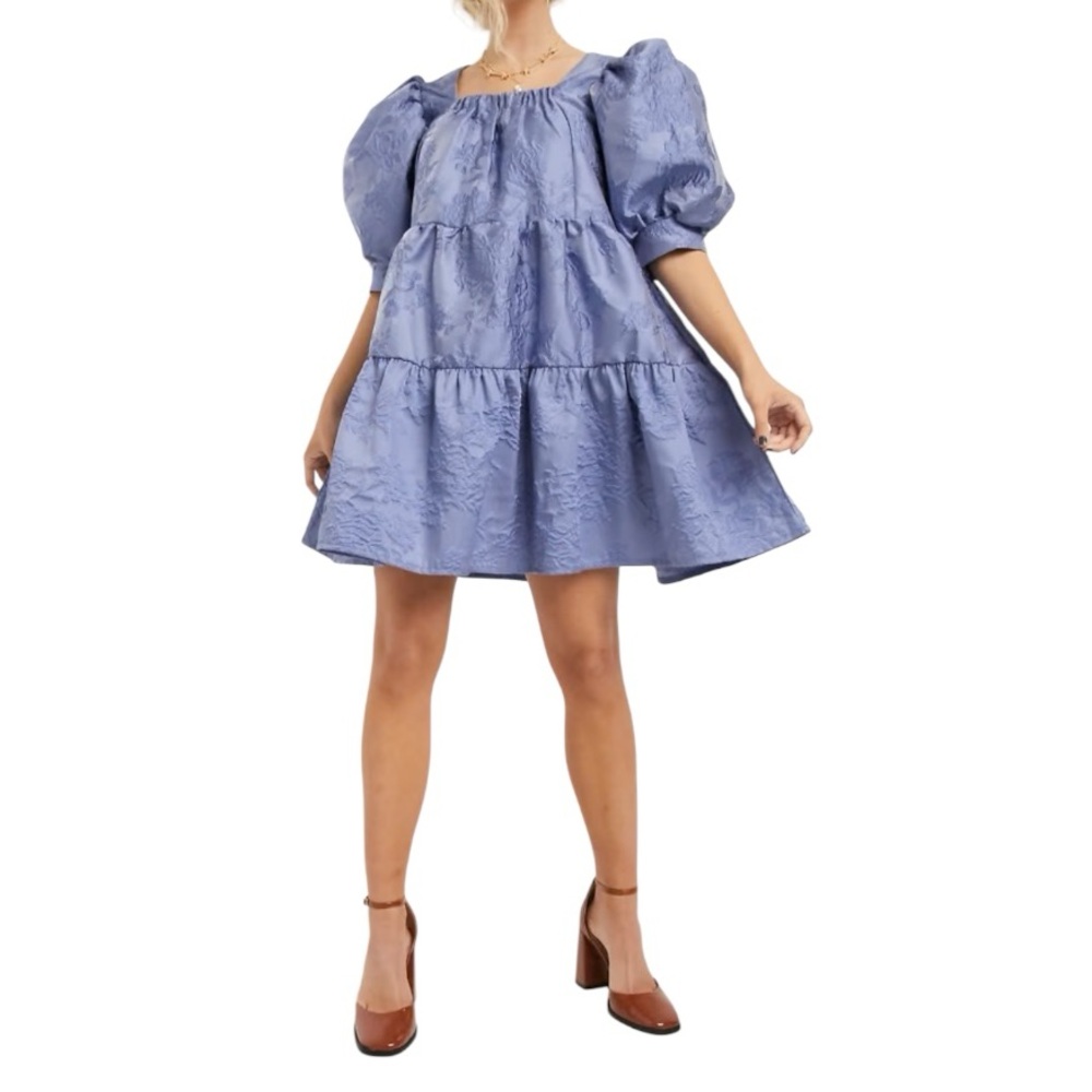 Sister Jane blue jacquard material tiered puff sleeve mini dress size Small
